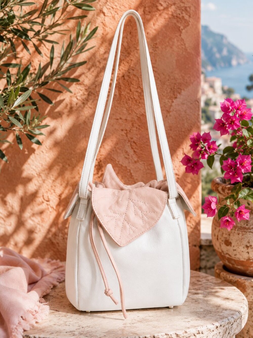 Paolo Masi Made In Italy Leather Shoulder Bucket Bag White Pink Leaf Drawstring